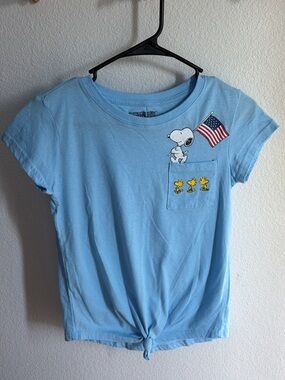 Peanuts Light Blue Snoopy & Woodstock Pocket Tee with American Flag